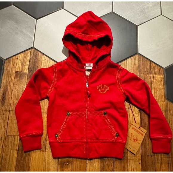 NWT True Religion full zip QT Horseshoe hoodie red Youth sz Small MSRP $99 hood